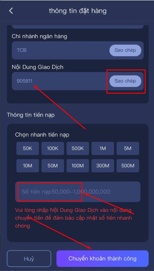 Nhập số tiền muốn nạp và tiến hành chuyển khoản
